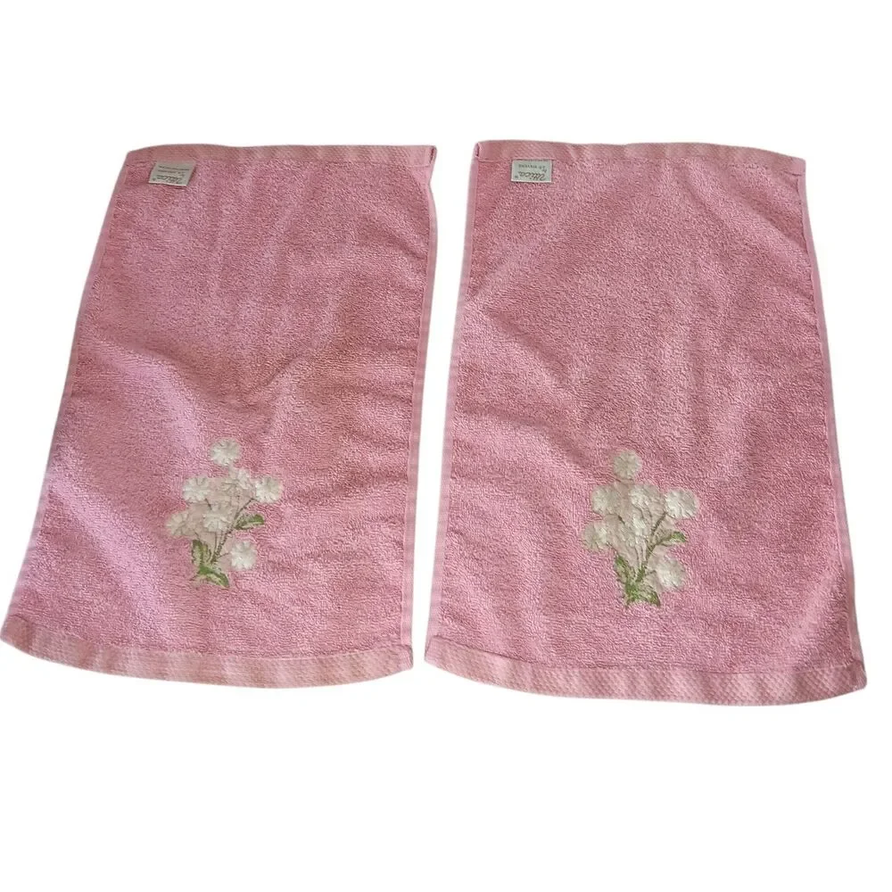 Two Utica by J P Stevens Hand Towels Pink White Embroidered Flowers Cotton VTG